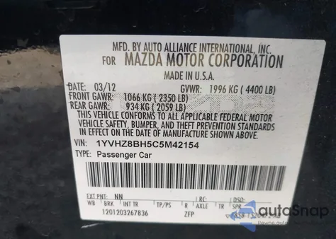 2012 Mazda Mazda6 I Sport from USA, damaged, VIN 1YVHZ8BH5C5M42154